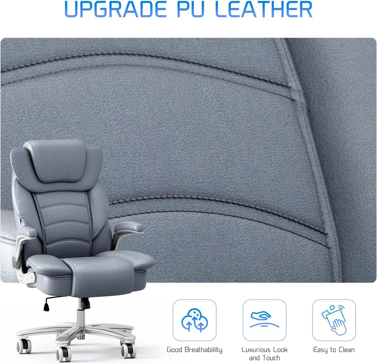 Office Chair 400lb Wide Seat, Ergonomic High Back Leather Executive Desk Chair with Flip-up Arms, Gray/Blue | Kimlud...