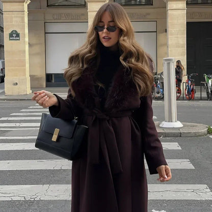 Solid Women Fur Collar Woolen Overcoat Stylish Patchwork Lace Up Long Sleeve V-neck Loose Coats 2026 High Street Warm Outerwear