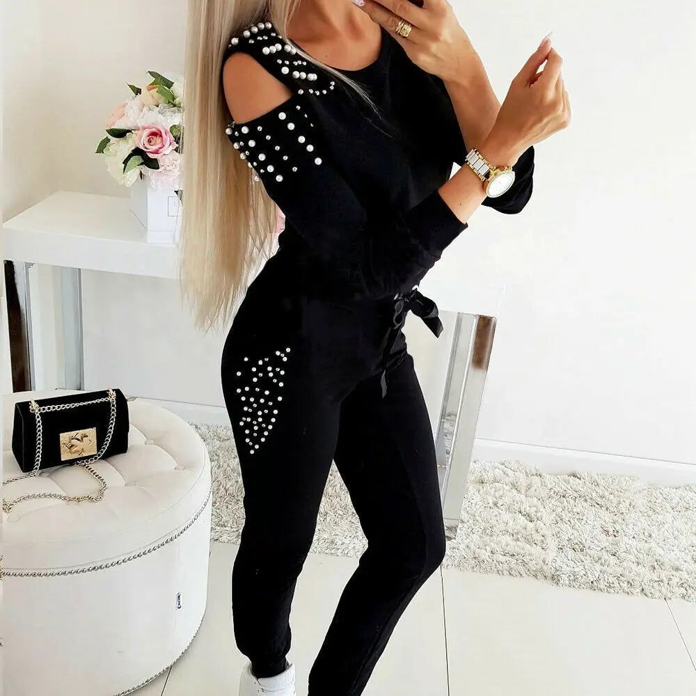 2 Pieces Set Women Europe Fall 2022 Outfit Sexy Nail Bead Pure Color Round Collar Long Suit Sports Set Dropshipping ZXP9596