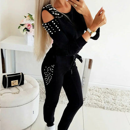 2 Pieces Set Women Europe Fall 2022 Outfit Sexy Nail Bead Pure Color Round Collar Long Suit Sports Set Dropshipping ZXP9596