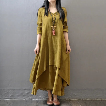 Women's Dress Long Dress Fashion Fake Two Pieces Loose Long Sleeve Art Big Swing Cotton Hemp Bohemian Cotton Vintage Women Dress - Kimlud