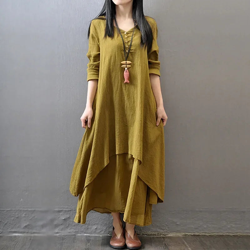 Women's Dress Long Dress Fashion Fake Two Pieces Loose Long Sleeve Art Big Swing Cotton Hemp Bohemian Cotton Vintage Women Dress - Kimlud