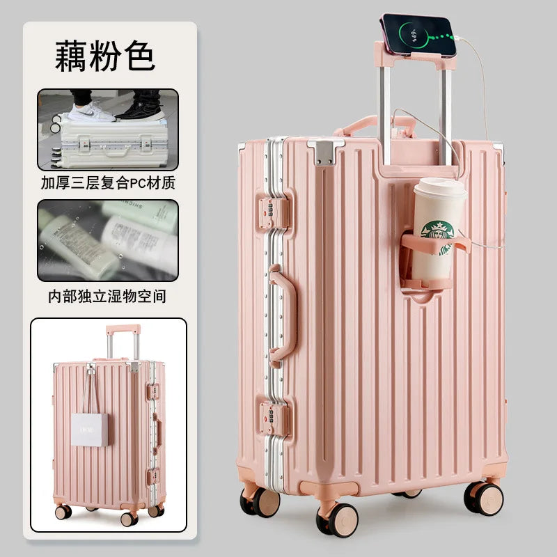New Multifunction Suitcase with USB Charging Aluminum Frame +PC Suitcase Trip Cabin Male and Female Carrier 28/30-inch