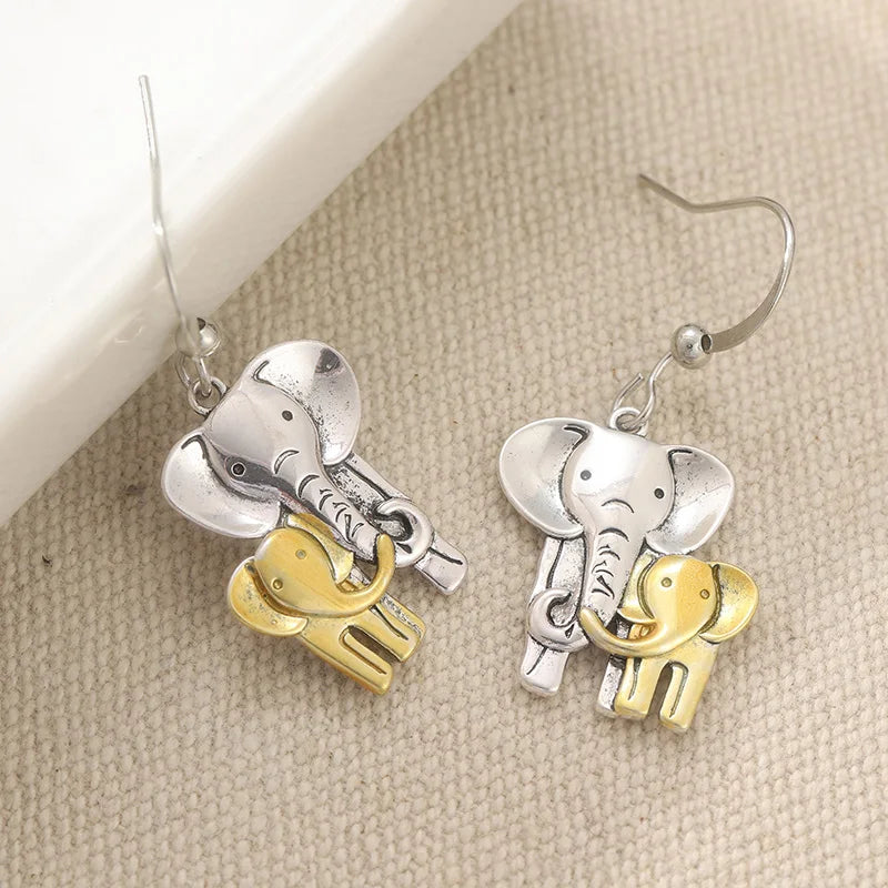 Vintage Two Color Hand Carving Elephant Dangle Women's Earrings Metal Daily Wear Party Jewelry