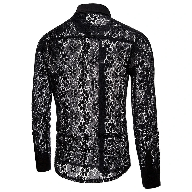 2026 Men's Lace Flowers Embroidery Long Sleeve Shirt Fashion Transparent Sexy Dress Shirts Male See Trough Club Party Tops - Kimlud