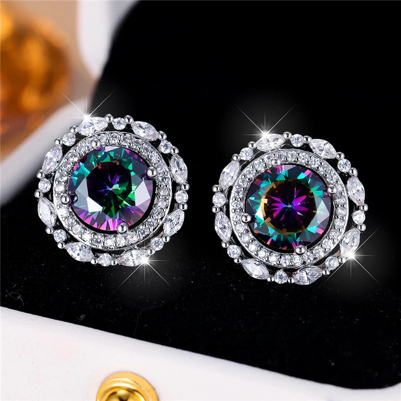 Female Crystal Rainbow Zircon Stone Round Stud Earrings Vintage Silver Color Wedding Fashion Jewelry For Women | Kimlud...