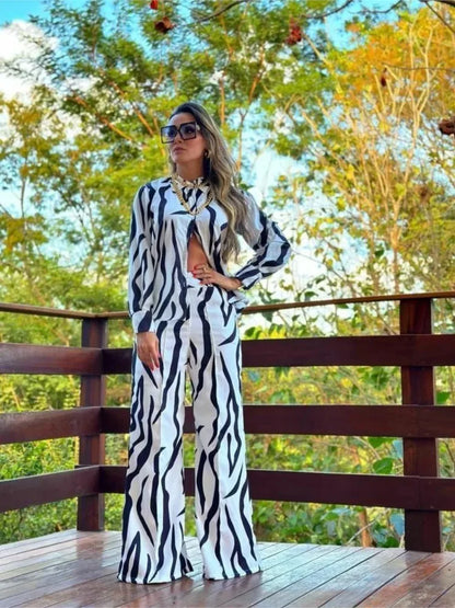 2023 Women's Casual Daily Shirt Set Floral Fashion Printed Shirt Spring Autumn Wide Leg Pants Women's Office Two-piece Set