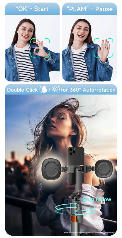 180cm70.9in Facial Tracking 360°Rotation Gimbals Stabilizer Selfie Stick Intelligent Phone Holder Tripod for Mobile Camera GoPro