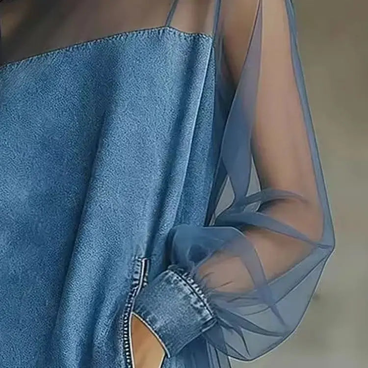 Women's Denim Mesh Patchwork Mini Dress Blue Vintage High Neck Sheer Long Sleeve Ruffle Hem Mesh Sheer Casual Streetwear Dresses - Kimlud