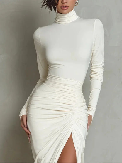 2026 New Women's Sexy Bodycon Maxi Dress Elegant High Neck Long Sleeve Long Dress Solid Color Slimming Party Dress