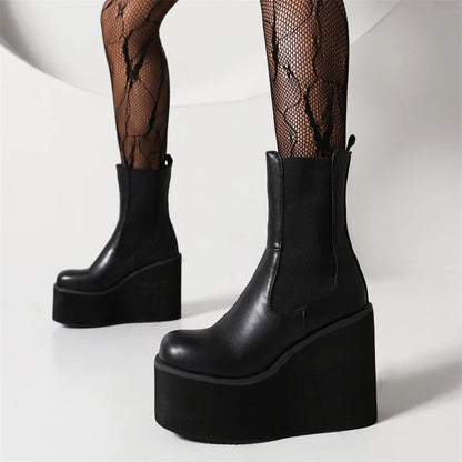 Platform Ankle Boots For Women Shoes Black White Wedges High Heels Gothic Boot Casual Autumn Winter Shoes Female Waterproof