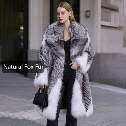 Long Fox Fur Coat With Turndown Collar Combined Fox Fur Jacket Real Silver Fox Fur Coat New Natural Fur Coats For Women