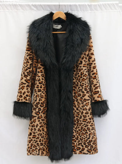 Women's leopard-print fur coat Long mink coat fox fur large fur collar winter trench coat loose and large size
