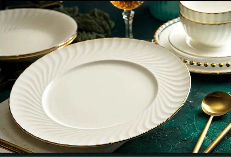 Bowl and dish set bone china tableware set bowl Jingdezhen light luxury simple hand drawn gold ceramic bowl and chopsticks plate - Kimlud