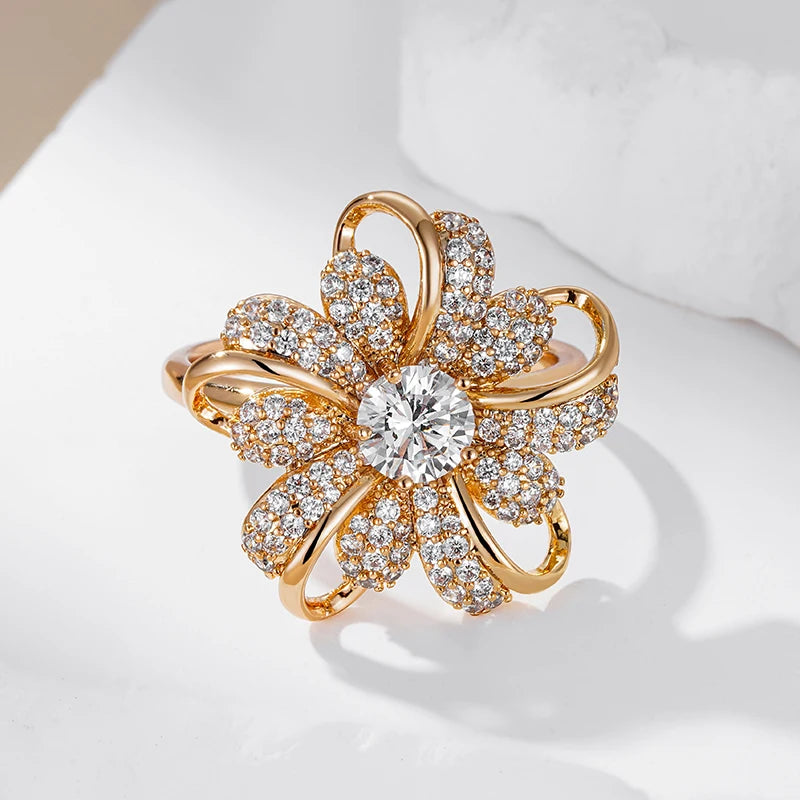 Kinel Hot 585 Rose Gold Color Big Crystal Flower Rings for Women Full Shiny Natural Zircon Accessories Modern Daily Fine Jewelry