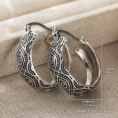 Exotic Style Carving Pattern Hoop Earrings Classic Silver Plated Bohemian Style Women's Earrings Fashion Jewelry...
