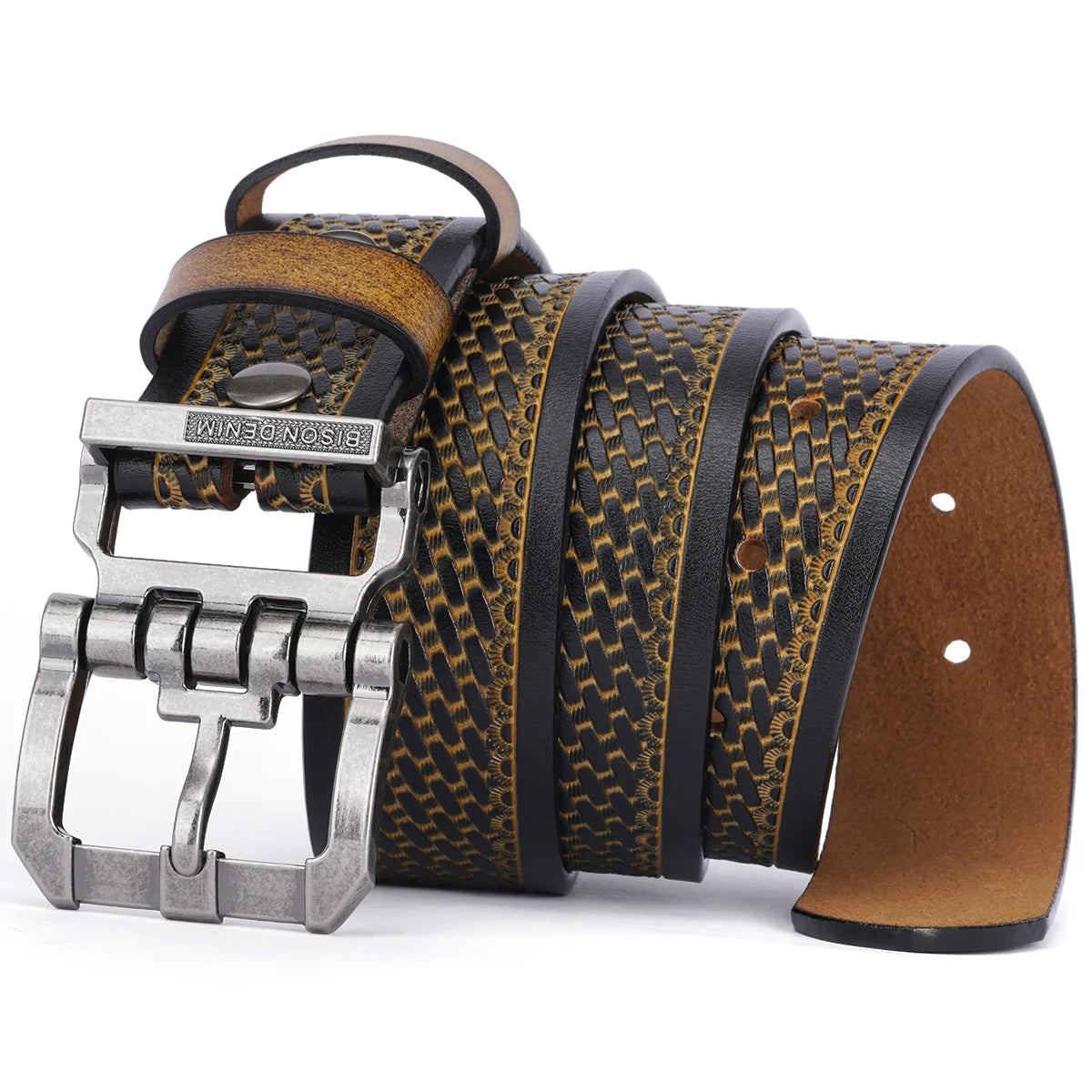 BISON DENIM Men Belts Cow Split Genuine Leather Pin Buckle Business Waist Straps Vintage Pin Buckle Fancy Male Belt For Jeans - Kimlud