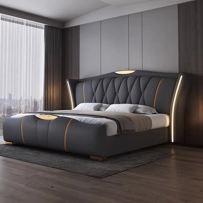 Home Leather bed with light modern minimalist lit 150x200 180x200 200x220 cm Double bed 2 people bedroom beds frames Furniture