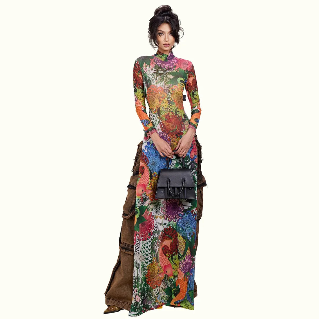 Spring New Women's Long Sve High Collar Plant Print Maxi Top Faionable Individuatic f High Ne Long Open Split Top