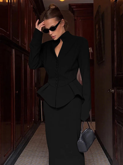 Weird Puss Elegant Office 2-Piece Set Women Classic Autumn trend Single Breasted Ruffled Jacket+Peach Hip Mid Skirt Slim Outfits