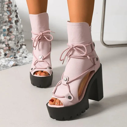 Women's Platform High Heel Ankle Boots Open Toe Lace Up Sandals Textured Finish Chunky Block Heel Zipper Closure Fashion...