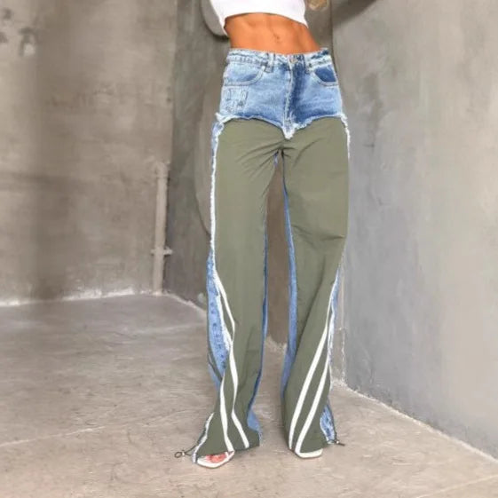 Street Splicing Jeans for Women's Autumn New Style Pants Contrast Striped Fringed Jeans | Kimlud Premium Pants