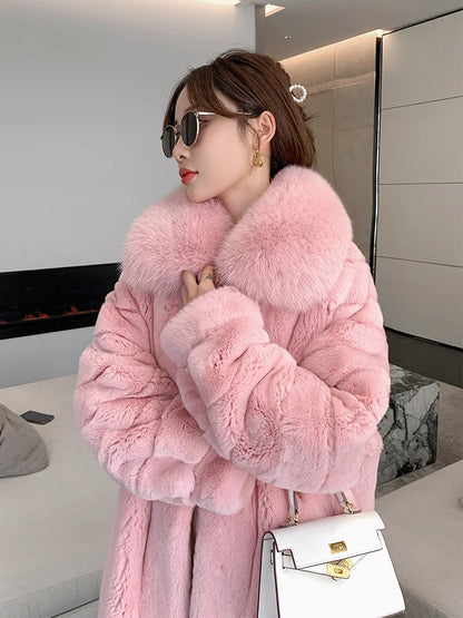 Women X-long Whole Skin Rex Rabbit Fur Coat Luxury High-end Natural Fur Jacket Oversized Genuine Fox Fur Collar