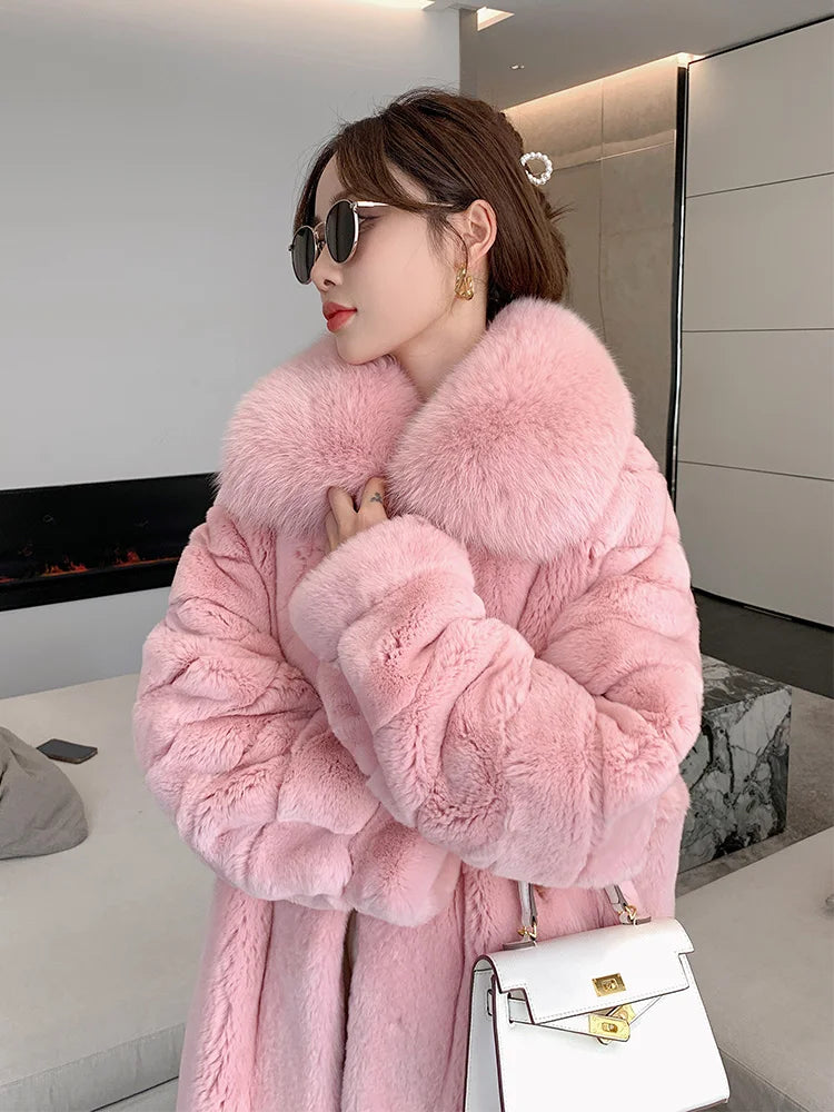 Women X-long Whole Skin Rex Rabbit Fur Coat Luxury High-end Natural Fur Jacket Oversized Genuine Fox Fur Collar