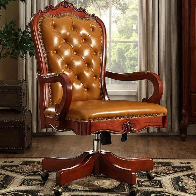 12American Genuine Leather Retro Carved Solid Wood Swivel Chair Office Chair Lift | Kimlud Vintage Luxury Home