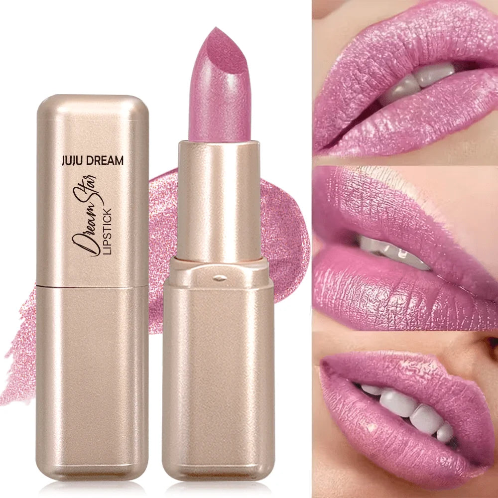 Pearlescent Pink Lipstick, Glitter Shimmer Lip Color, High-Pigment Long-Wear Waterproof Formula for Daily Beauty Looks