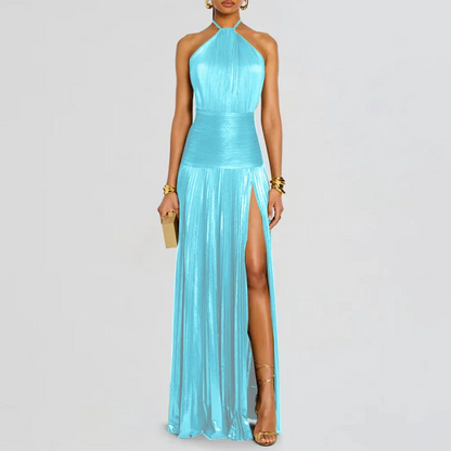 Gold Sexy Halter High Split Gowns Evening Dress Woman Chic Solid Hollow Pleated Long Dress Spring Summer Backless Zip Maxi Dress