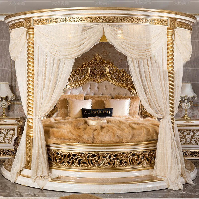 European Luxury Round Bed Castle Wood Bedroom Wedding Double Bed Comfortable Adult High Quality Letto Matrimoniale Furniture - Kimlud
