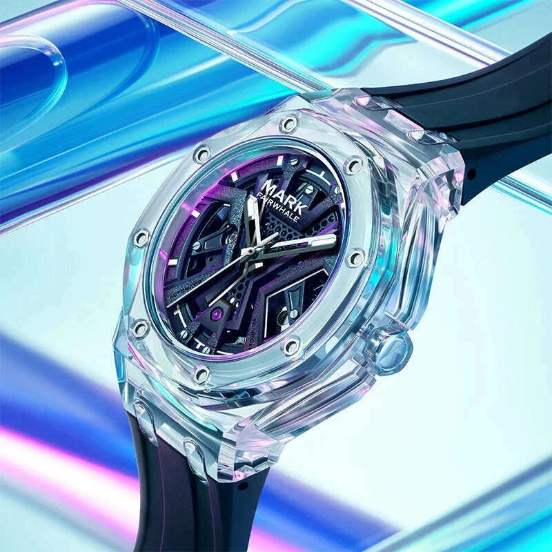 Mark Fairwhale Men's Fashion Automatic Mechanical Watch Sporty Casual Style with Transparent Case Silicone Strap Waterproof