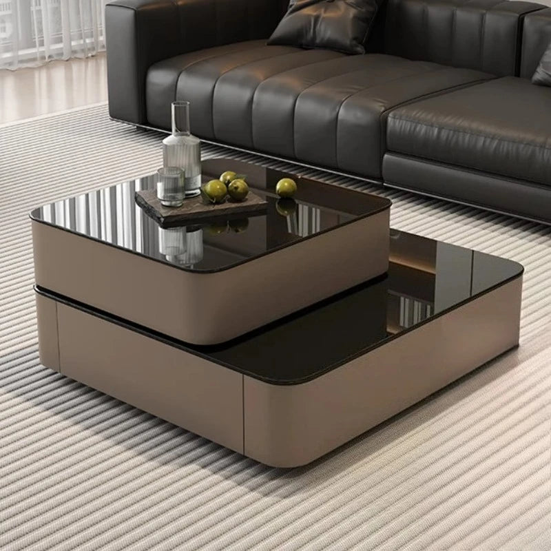 Luxury Italian Light Luxury Rotating Coffee Table Square 80cm Glass Wooden Coffee Tables Living Room Furniture...