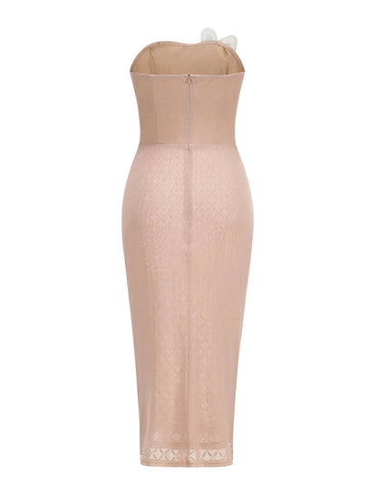 Sexy Strapless Luxury Diamonds Floral Sequined Midi Dress Women Apricot Sleeveless Backless Crystal Dresses Evening...