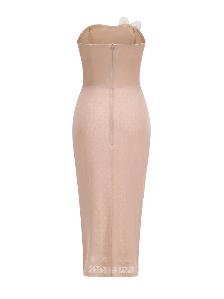 Sexy Strapless Luxury Diamonds Floral Sequined Midi Dress Women Apricot Sleeveless Backless Crystal Dresses Evening...