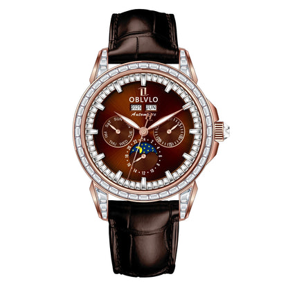 OBLVLO Men's Fashion Automatic Watch Colorful Zircon Moonphase Mechanical Multifunctional Black Leather Strap Timepiece...
