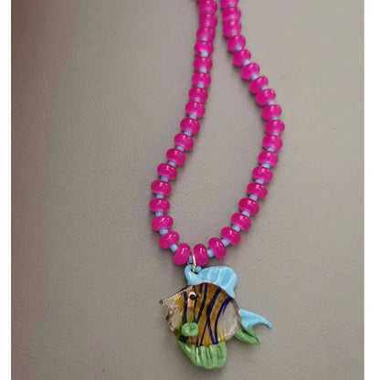 Bohemian Colorful Glaze Fish Pendant for Women Striped Beaded Necklace Seaside Vacation Party Accessories
