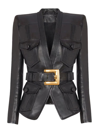 TWOTWINSTYLE Solid Slimming Spliced Pockets Temperament Jackets for Women V Neck Patchwork Button Fashion Jacket Female Clothing