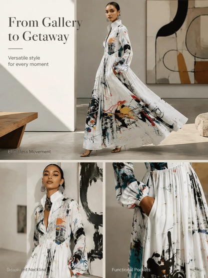 Freeacy Women Stand Collar Printed Shirt Maxi Dress Button Front Long Sleeve Pleated High Waist Flowy Floor Length...