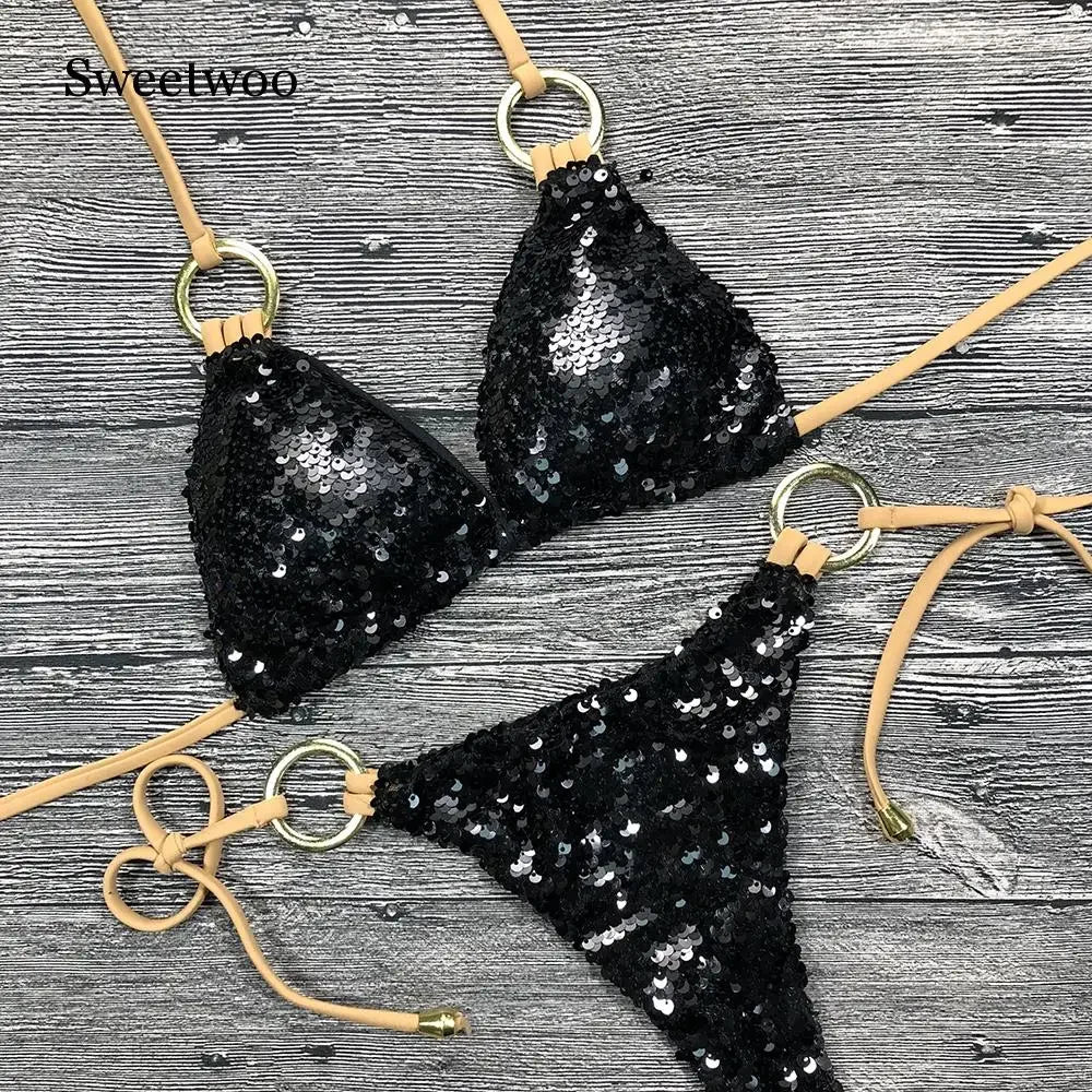 Solid Bikini Sexy Swimsuit Halter Swimwear Bathing Suit Women Bling Sequin Bikini Set Beach Wear Dropshipping Monokini...