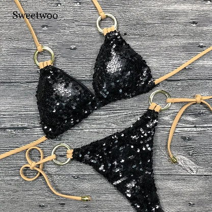 Solid Bikini Sexy Swimsuit Halter Swimwear Bathing Suit Women Bling Sequin Bikini Set Beach Wear Dropshipping Monokini...