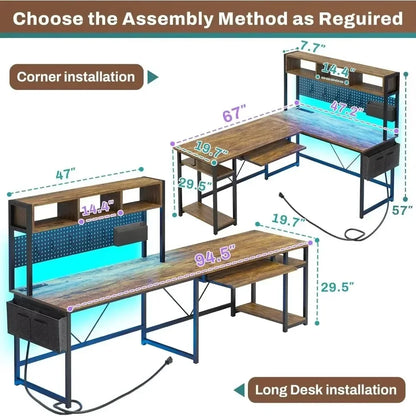 L Shaped Computer Desk, Reversible Corner Desk with Power Outlet and Pegboard, Computer Desk with Led Lights Customized