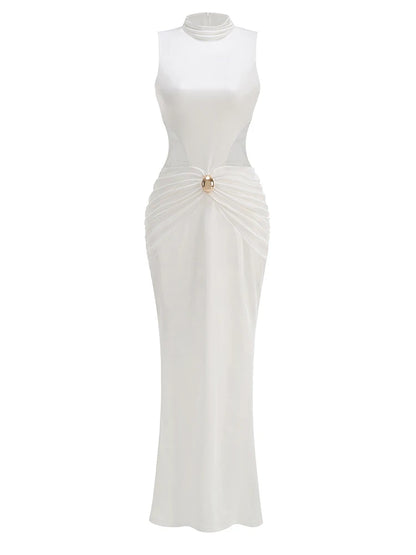 Sexy Sleeveless High Neck Folds Long Dress Women White Waist Hollow Out Ruched Buttons Slim Dresses Evening Party Maxi...