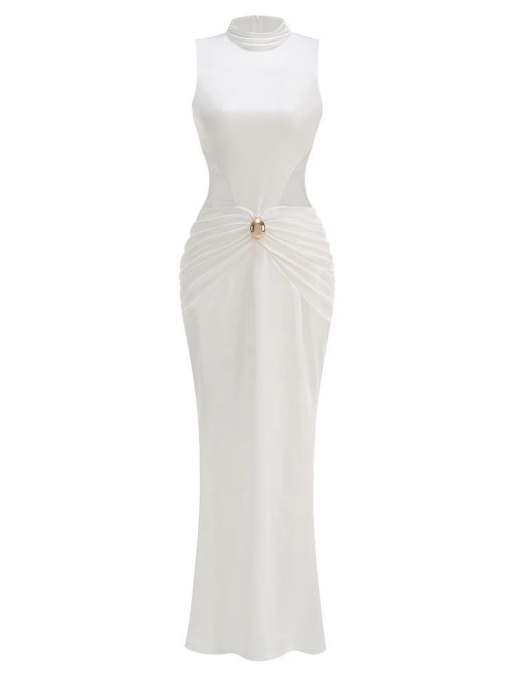 Sexy Sleeveless High Neck Folds Long Dress Women White Waist Hollow Out Ruched Buttons Slim Dresses Evening Party Maxi...
