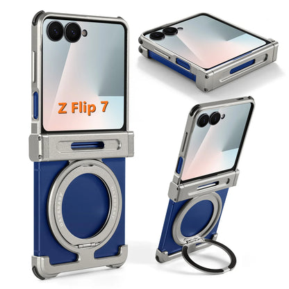 Oatsbasf Metal Frameless Phone Case for Samsung Galaxy Z Flip 7 with Kickstand 360°Rotation Magnetic Shockproof Protective Cover