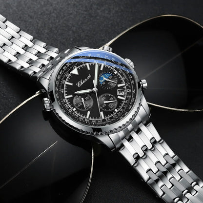 Luxury StopWatch Moon Phase Waterproof Male Clock Luminous Date Stainless Steel Square Quartz Men Watch reloj hombre
