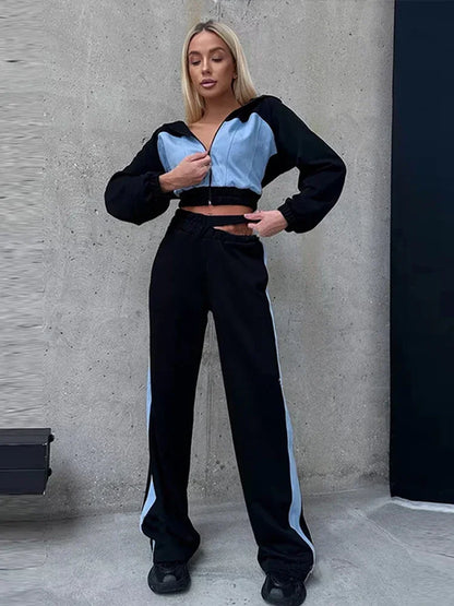 Zekye Autumn Spring Summer Hoodies 2 Piece Sets Long Sleeve Zipper Women's Tracksuit New Crop Tops Wide Leg Sport Pants...