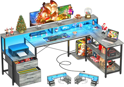 Aheaplus Reversible L Shaped Desk / Home Office Desk / Gaming Desk with File Drawer & Power Outlet & LED Strip - Kimlud