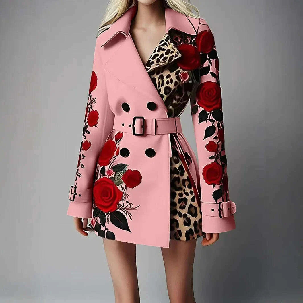 New Women's Spring Rose Leopard Print Suits Spring Office Elegant Slim Long Sleeve Coats Clothing With Belt For Women 2025 White